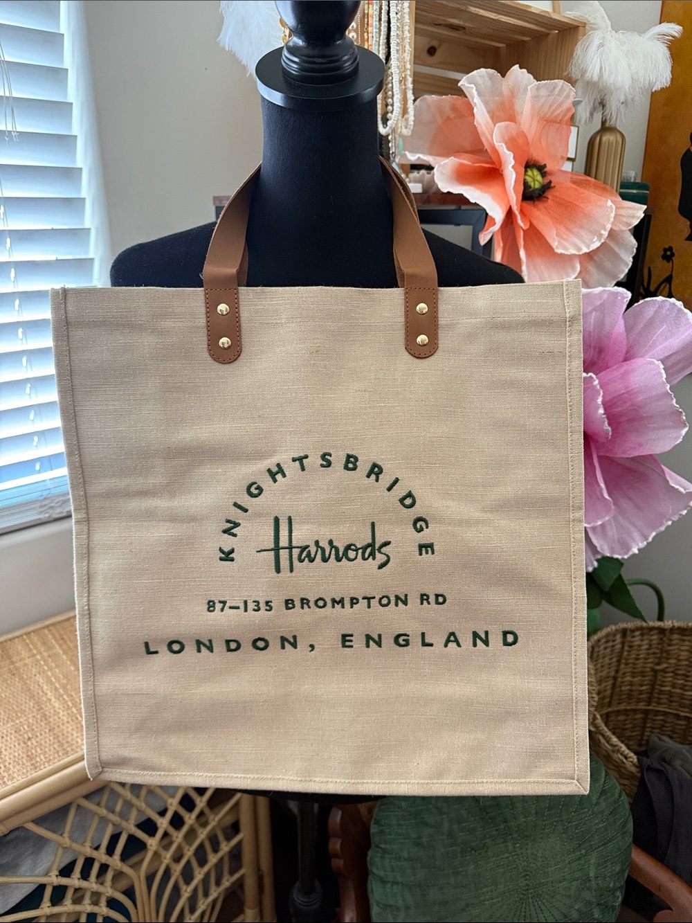 NWT Harrods London Jute Cotton Market Tote Leather Handles Knightsbridge Shopper - Picture 2 of 5